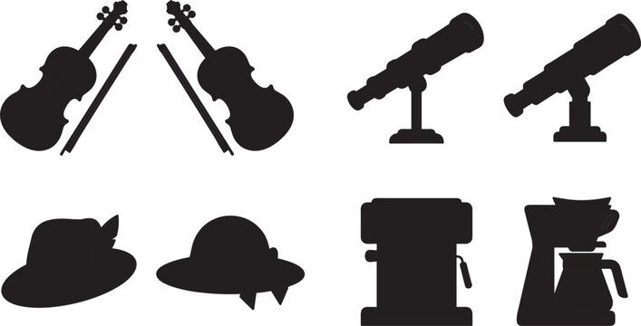 Black silhouette vector collection of paired violins telescopes hats and coffee makers isolated on white background.