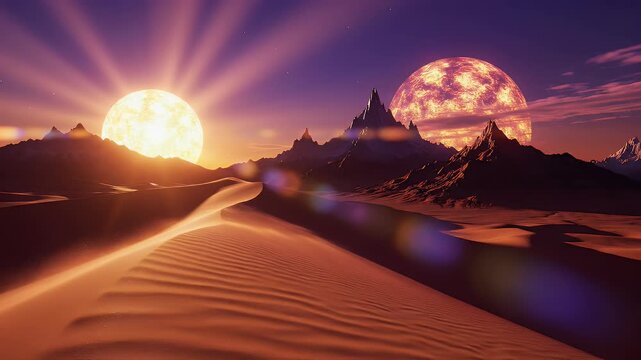 Surreal alien desert with twin suns and jagged peaks
