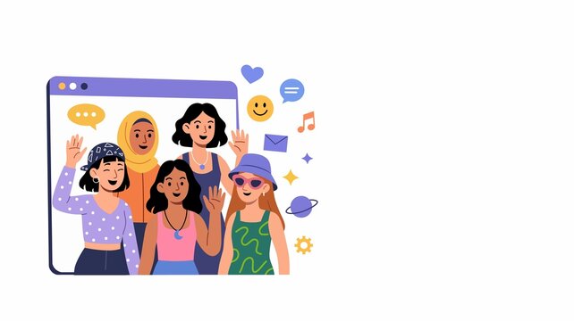 Diverse young women friends browser window copy space banner flat vector illustration