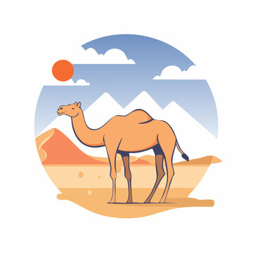 Camel in a desert landscape with mountains and sun
