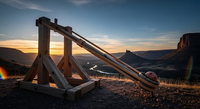 A large wooden catapult stands ready on a hilltop overlooking a vast canyon at sunset, with a river winding through the valley below.