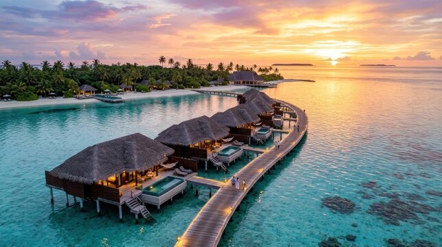 A stunning aerial view captures a luxurious overwater bungalow resort in the Maldives. The resort features several thatched-roof bungalows extending over turquoise waters.
