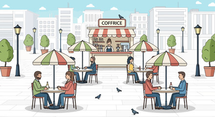 Outdoor cafe scene with people dining and enjoying coffee in urban setting © renza