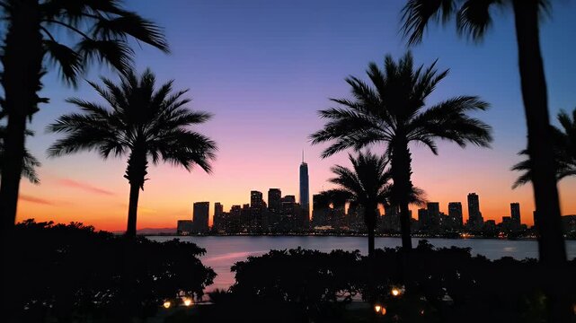 Silhouetted palm trees frame a city skyline at dusk with a colorful sky
