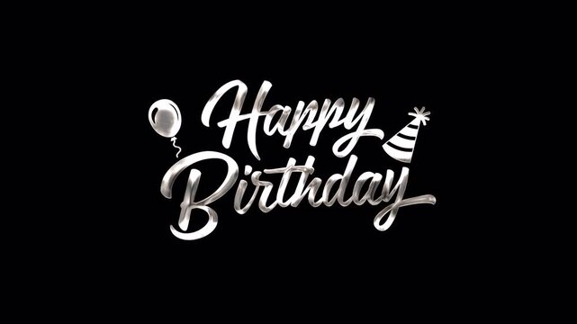 Celebratory graphic featuring silver shiny happy birthday text on a black background with a party hat and balloon design. Ideal for birthday party decorations and invitations.