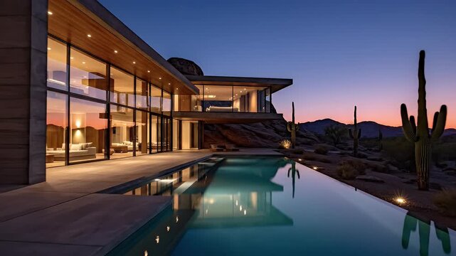 Modern desert home with pool at twilight