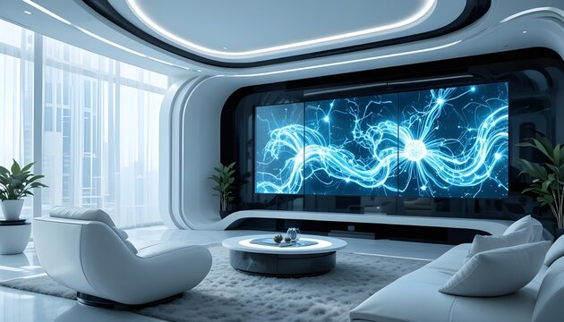 &ldquo;Luxury futuristic smart home interior with AI assistants, transparent OLED screens, minimal white design, robotic furniture, soft cinematic lighting&rdquo;
