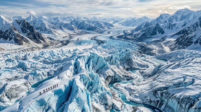 A group of hikers traverse a vast, icy glacier landscape. Several people walk along a river, surrounded by towering, snow-covered mountains and a wide, braided glacial river.