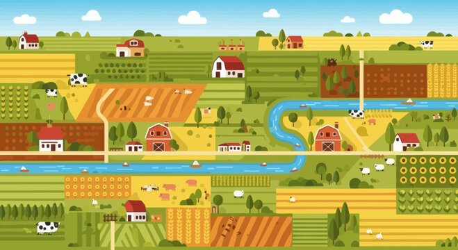 Vibrant Countryside Farm Landscape with Fields, River, and Animals - Flat Design