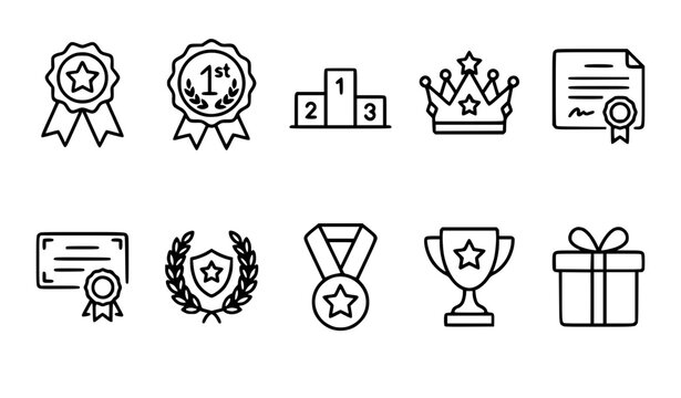 Awards thin line vector icon set with trophy medal certificate leadership and achievement outline symbols editable stroke