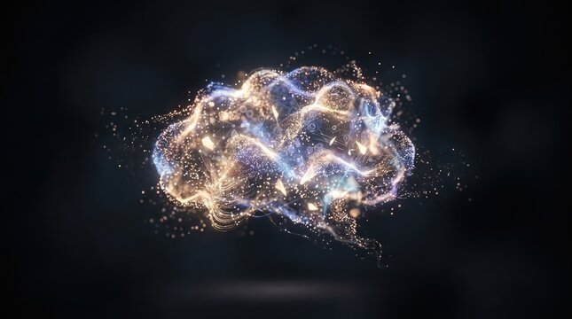 A luminous brain is composed of swirling, glowing particles of light and gold.