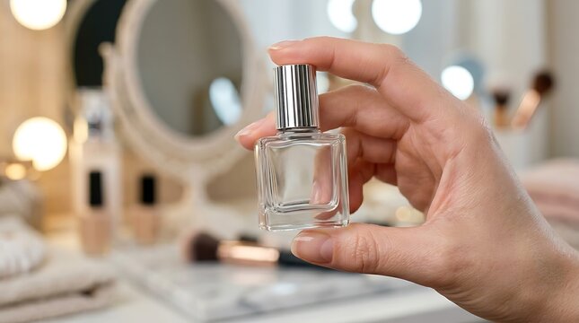 Hand holding a small decorative glass perfume bottle on a vanity table with lights and brushes, fragrance.