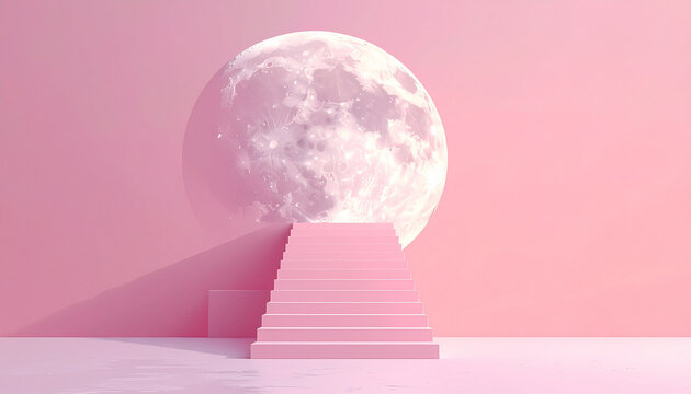 Pink moonlit staircase to dreamland with giant moon