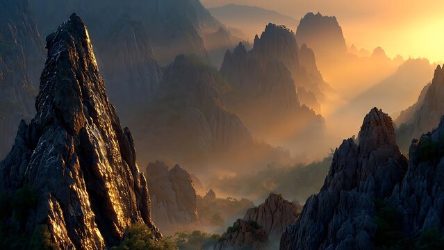 Misty Karst Rock Formations at Sunrise with Golden Fog