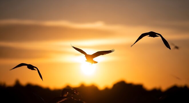 Three seagulls flying in the golden sunset sky.