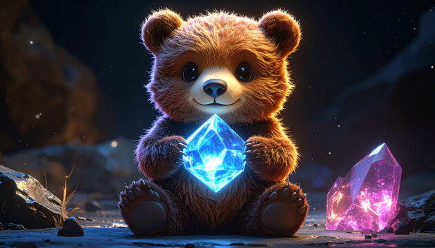 Cuddle teddy bear holding glowing blue crystal gemstone