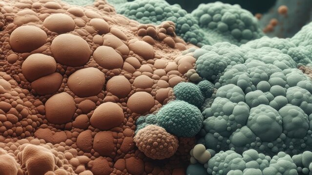 Close-up macro shot showing abstract bumpy surface with varying textures and colors