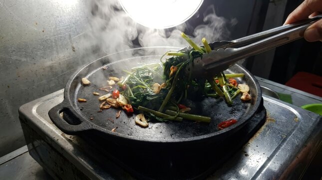 Fresh water spinach sizzling on a hotplate with aromatic garlic and spicy chili, prepared in a cinematic widescreen kitchen setting for a vibrant and appetizing culinary display of asian cuisine.