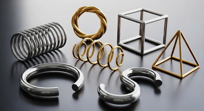 Collection of geometric metal jewelry and shapes on dark reflective surface