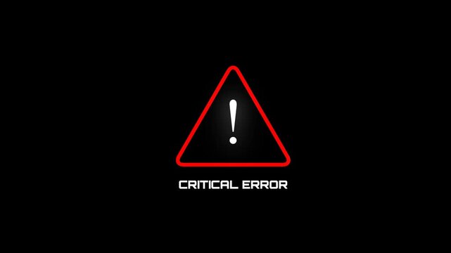 5-second looping animated stock video. Red warning triangle with exclamation mark and "CRITICAL ERROR" text in glitchy digital style.