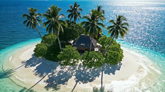 Aerial view of a small tropical island with palm trees, lush greenery, and a thatched hut