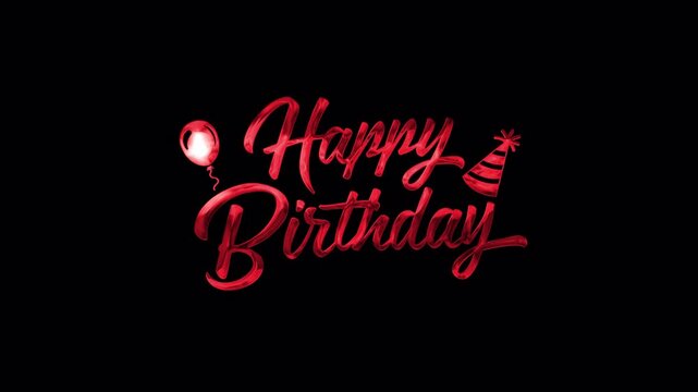 Red shiny happy birthday text balloon party hat on black background for celebration greetings, suitable for birthday party designs.