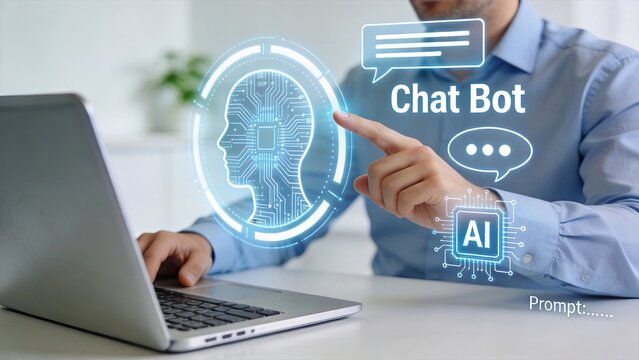 Man using artificial intelligence chat bot interface, virtual assistant concept with digital brain icon and speech bubbles for customer support service and automated communication