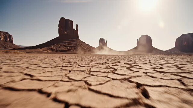 Cracked earth and weathered rock formations under a bright, hazy sky