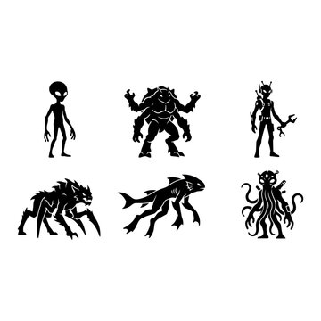 Alien Monster Silhouettes, Sci-Fi Creature Icons, Extraterrestrial Character Set, Vector Art