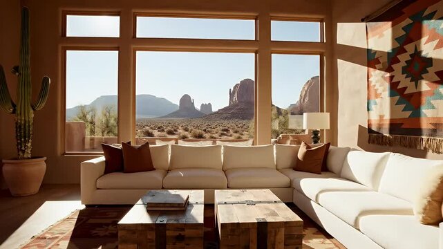 Southwestern living room with large windows showcasing desert mesas and a tall cactus
