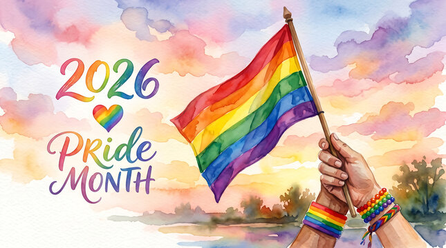 Watercolor style 2026 pride month with rainbow flag and sunset reflections
