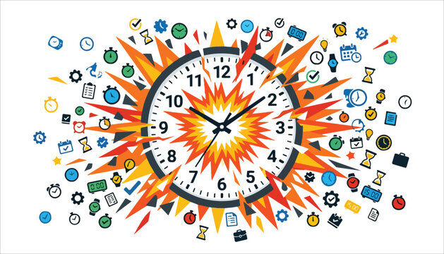 Exploding clock surrounded by numerous small time-related icons, symbolizing time pressure, urgency, and a chaotic schedule.