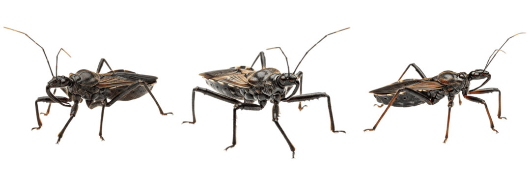 Assassin bug predatory garden insect showing biological anatomy, structural morphology, taxonomic classification traits, and agricultural crop damage parameters within a field system.