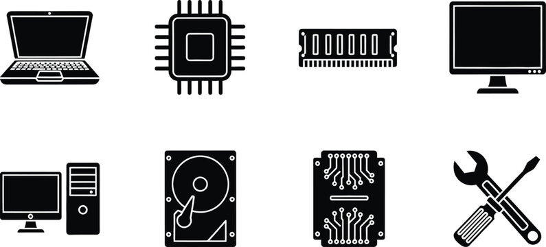 Editable icon set for computer hardware and technology