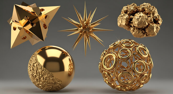 Abstract 3d geometric shapes and fractal designs with metallic texture
