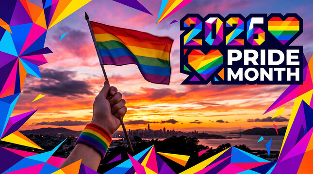 2025 pride month with rainbow flag and dynamic geometric abstract sunset