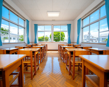 A bright, empty classroom with wooden desks and chairs, large windows letting in natural light, and blue curtains framing a tree-filled outdoor view.