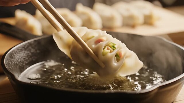 A close-up shot showcases a pair of chopsticks delicately lifting a freshly steamed dumpling filled with meat and vegetables from a black bowl