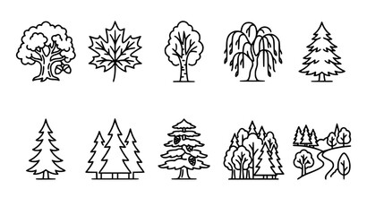 Modern forest and tree outline icon collection with coniferous and deciduous nature symbols vector set © MdtTahomidHossain