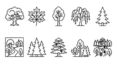Minimal tree and woodland line icon pack with deciduous coniferous forest symbols editable vector © MdtTahomidHossain