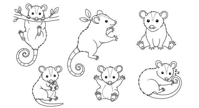 Cute Opossum Coloring Page Set, Hand-Drawn Doodle Collection