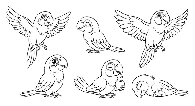 Cute cartoon parrot set in various poses, hand-drawn vector illustration
