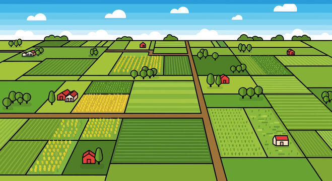 Vibrant Rural Landscape with Farm Fields, Houses, and Trees under Blue Sky