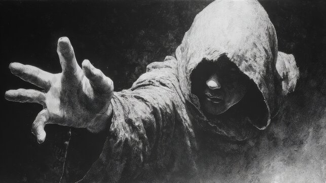 Black and white serial painting of a cloaked and hooded figure reaching towards the viewer with dark, eerie, and horror-inspired atmosphere, intense and mysterious composition