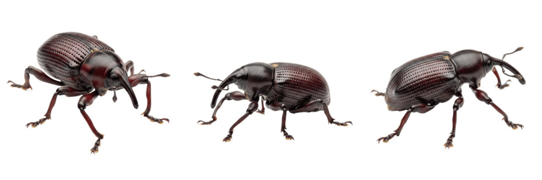 Banana weevil tropical crop pest insect showing biological anatomy, structural morphology, taxonomic classification traits, and agricultural crop damage parameters within a field system.