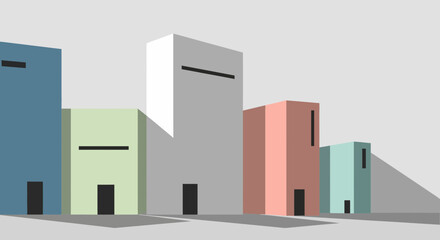 Naklejka premium Minimalist Cityscape with Colorful Geometric Buildings and Shadows