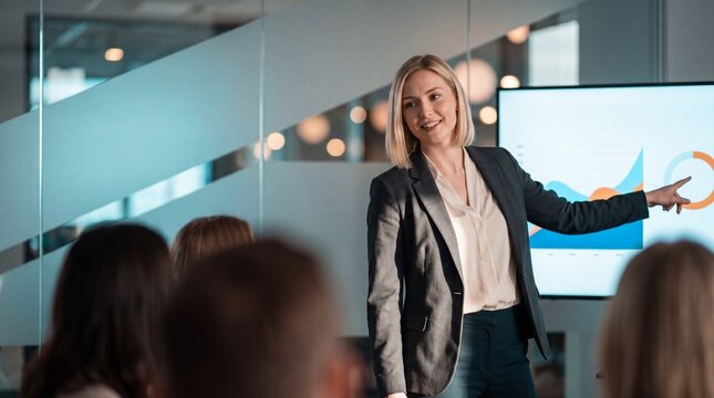 Young adult European woman presenting business data with charts to small meeting, confident professional delivering collaborative presentation with friendly expression