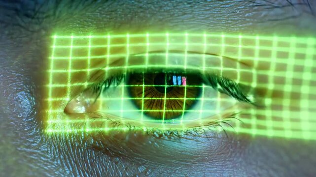 A close-up of a human eye with a grid overlay and a reflective iris