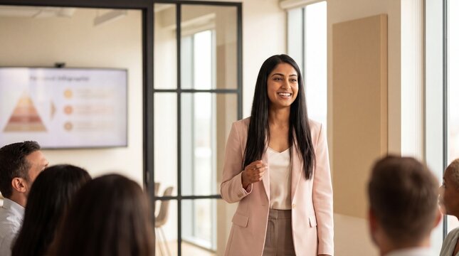 Young adult South Asian woman in pink blazer confidently giving presentation to colleagues in modern office with natural light and glass partition