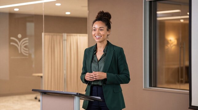 Young mixed race woman giving presentation at lectern smiling confidently in modern conference room with glass walls and neutral decor